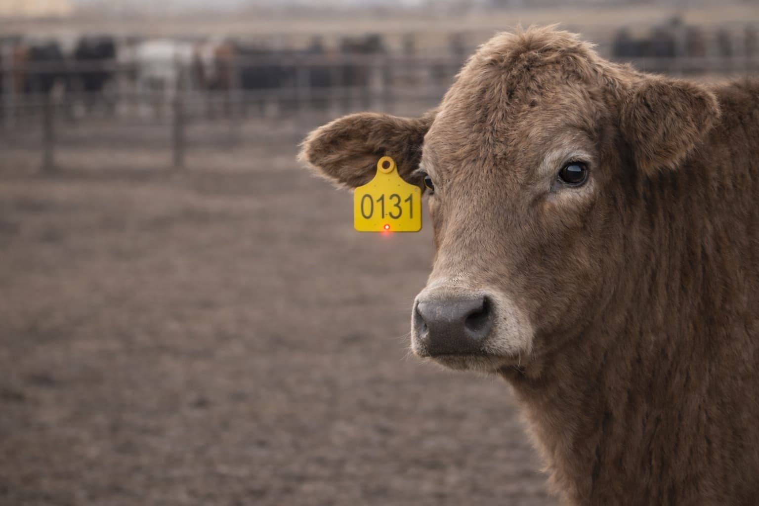 Beef cow in a feedlot wearing a Bovisen smart ear tag with an active fever-alert LED